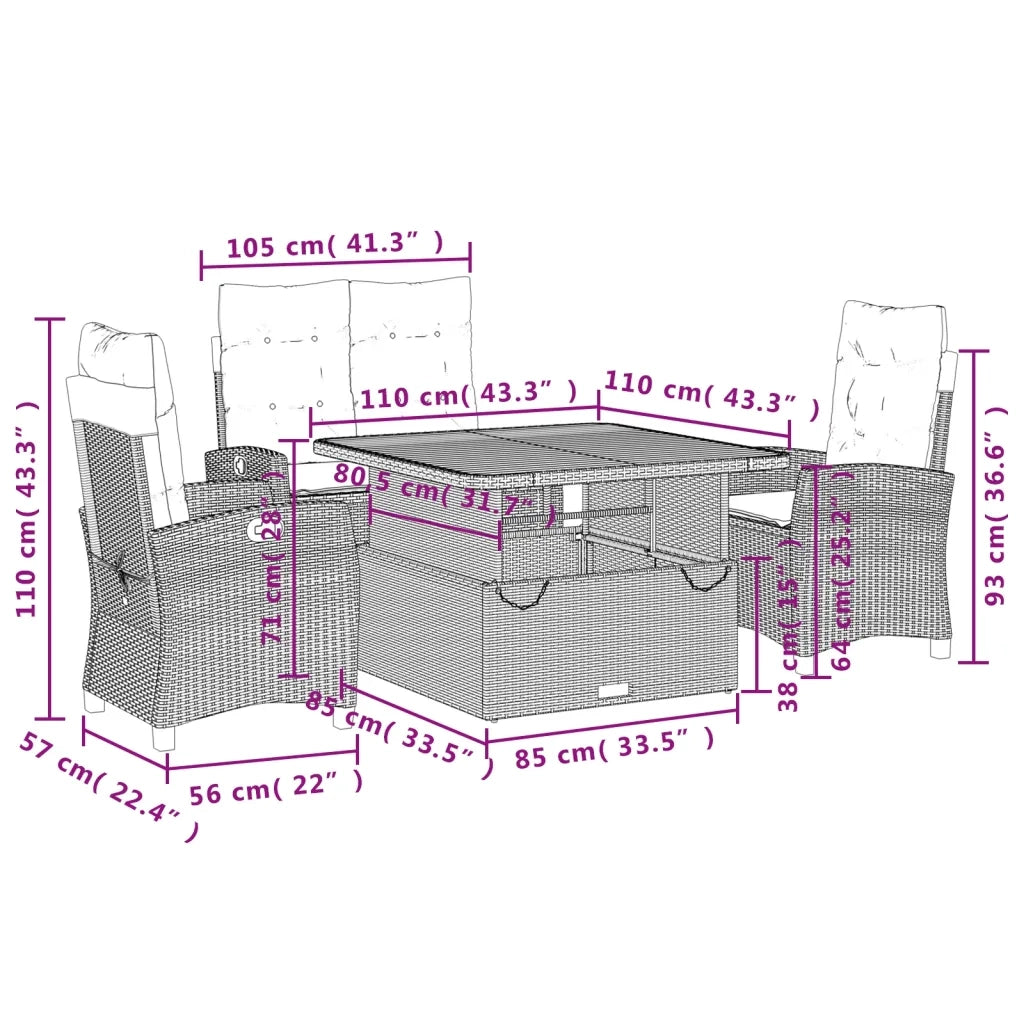 Set da Pranzo da Giardino 4 pz con Cuscini Nero in Polyrattan 3277392