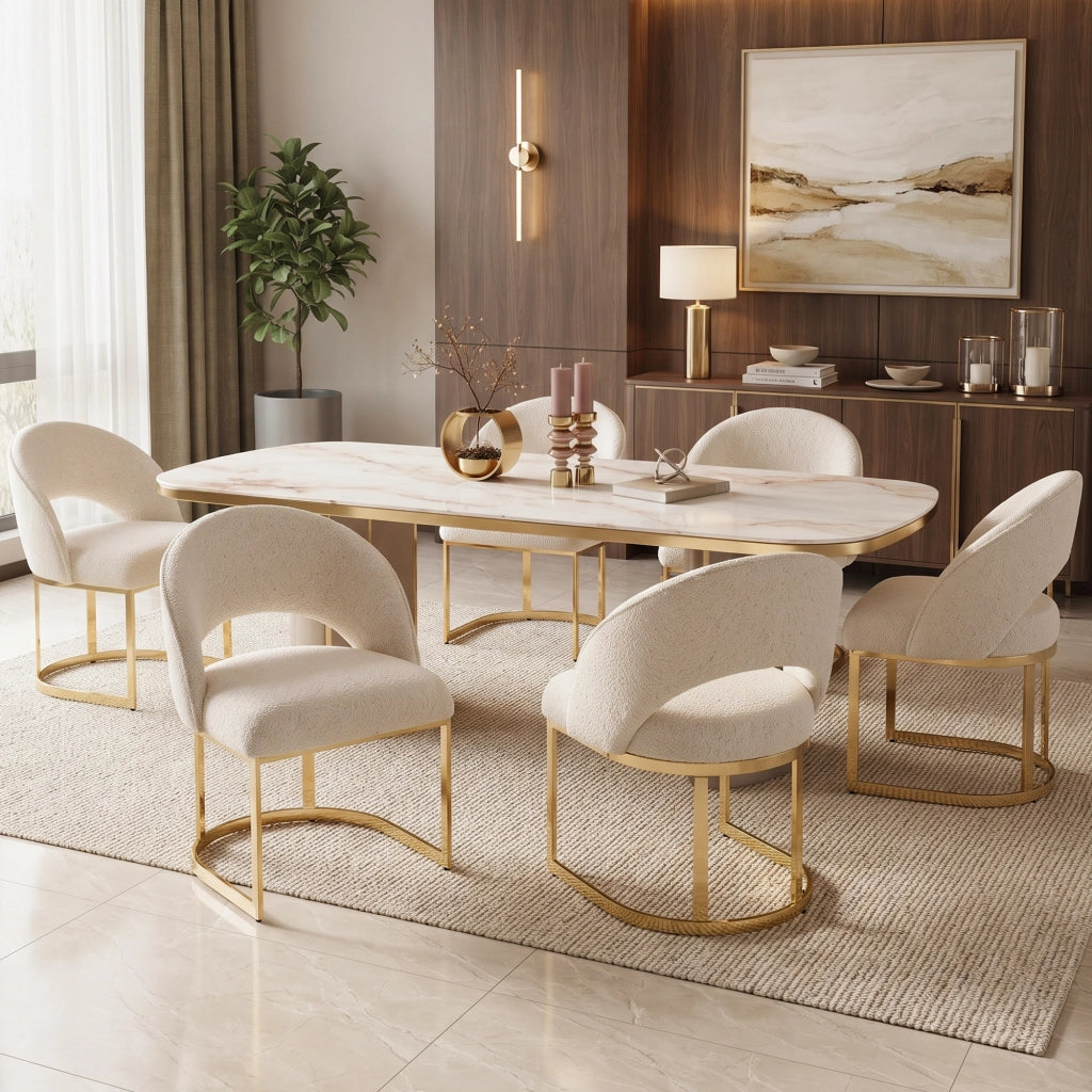 Set di 2 sedie da pranzo in bouclé beige e oro con gambe metalliche galvanizzate