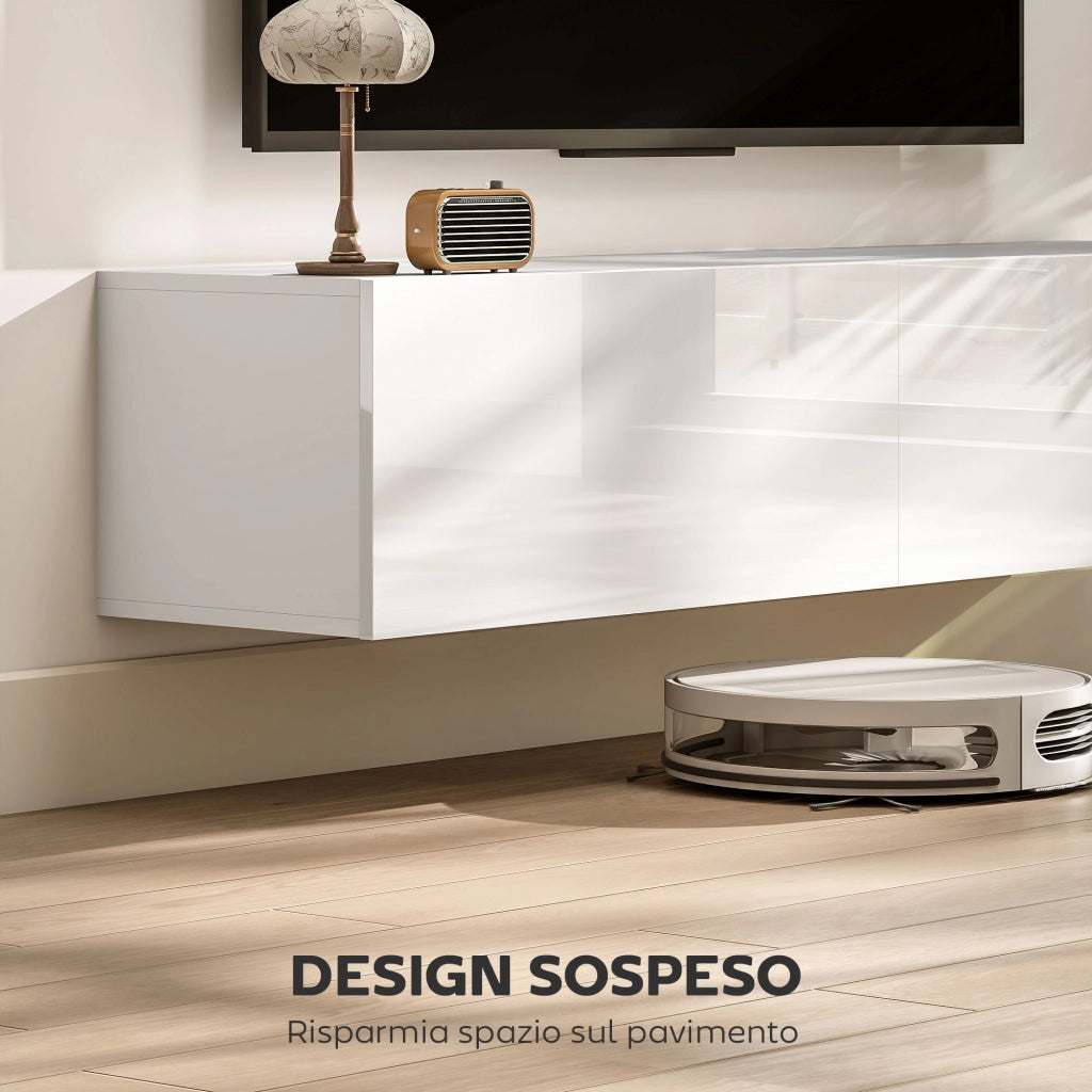 Mobile Sospeso con Armadietti con Ante a Ribalta 140x33x29,8 cm in Truciolare Bianco Lucido