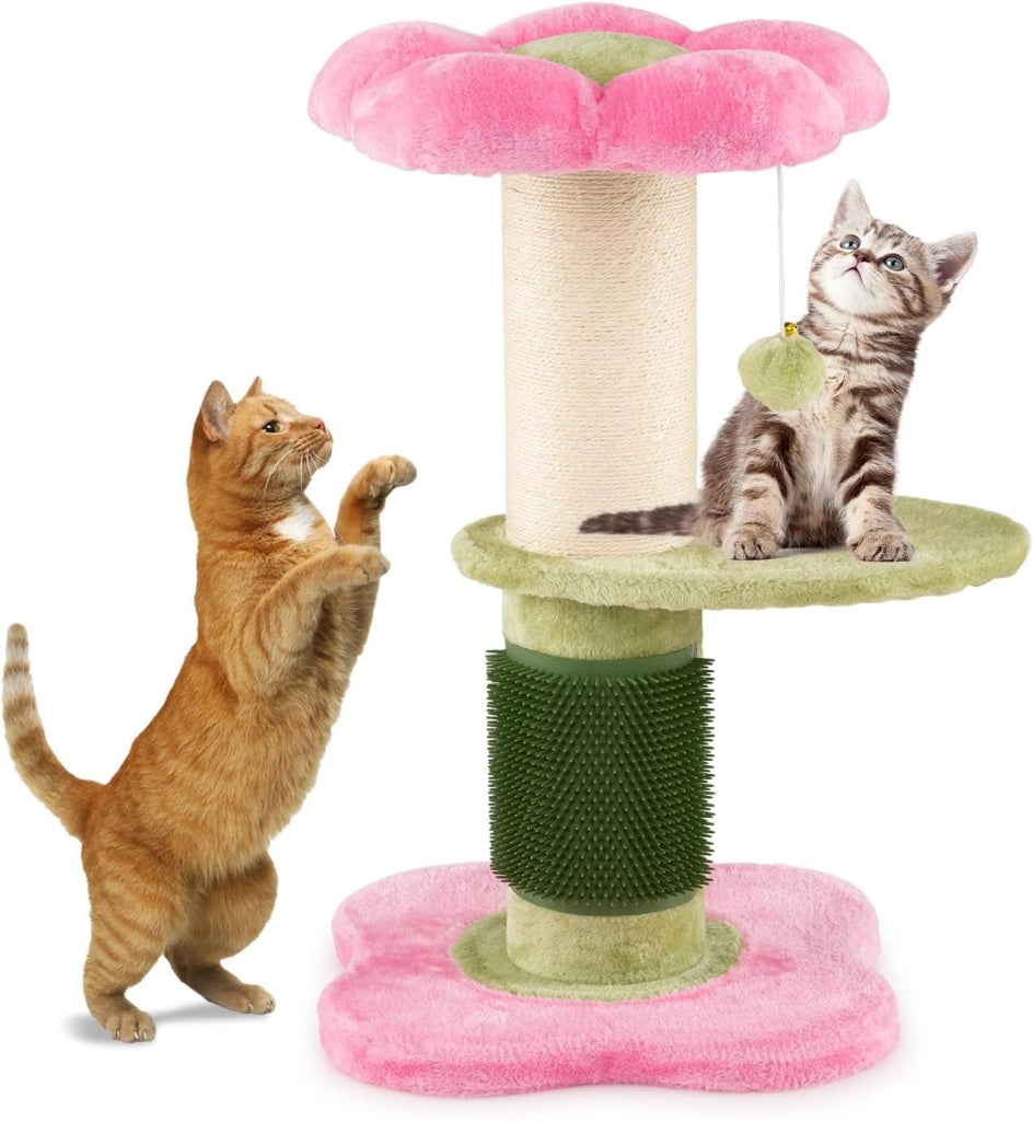 Albero per Gatti da Interno Alto 69 cm, Tiragraffi per Gatti a Forma di Fiore con Piedistallo Imbottito in Pile, Tiragraffi in Sisal e Pallina Appesa, Mobili per Gattini a Più Livelli (Rosa)