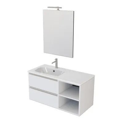 Mobile bagno sospeso 100 cm bianco opaco con cassetti e vani a giorno completo di lavabo a sinistra e specchio Master