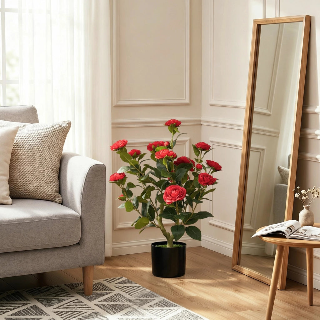 Pianta Artificiale Camelia ¨C Zephmum ¨C 65 cm Rosso con Fiori di Seta
