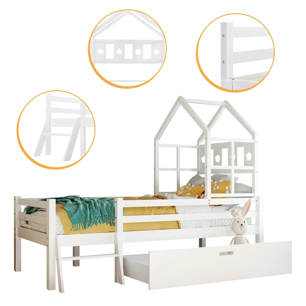 Letto a castello bianco con scala e cassetti in legno massello di pino 90x200 cm