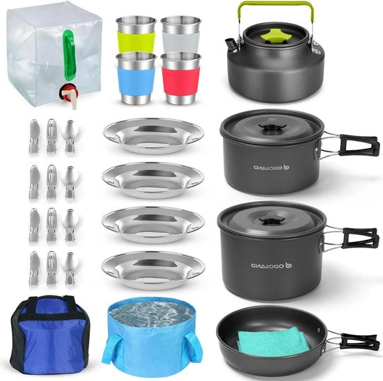 Set di Cucina da Campeggio da 29 pezzi, inclusa Cucina da Campeggio Pieghevole per 4 Persone, Sacca da Spazzatura Pieghevole, Borsa da Viaggio per Campeggio, Cucina all'Aperto e Picnic per 4 Persone