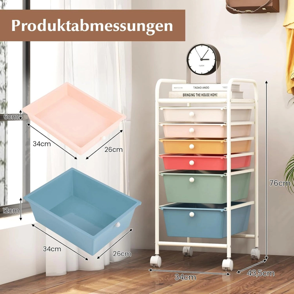 Carrello con 6 cassetti impilabili, carrello per cassetti, carrello da cucina con ruote bloccabili, carrello portaoggetti, carrello in metallo, per cucina, ufficio (colorato)