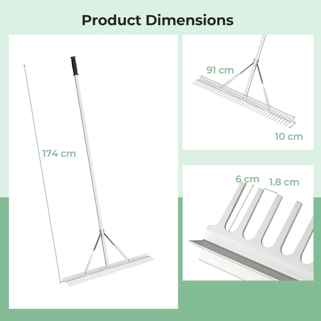 Rastrello da Giardino in Alluminio con Manico Lungo 174 cm, Rastrello da Prato Largo 91 cm con 36 Denti Rigido per Paesaggio, Ideale per Foglie, Erbacce, Terreno e Detriti (Stile B)
