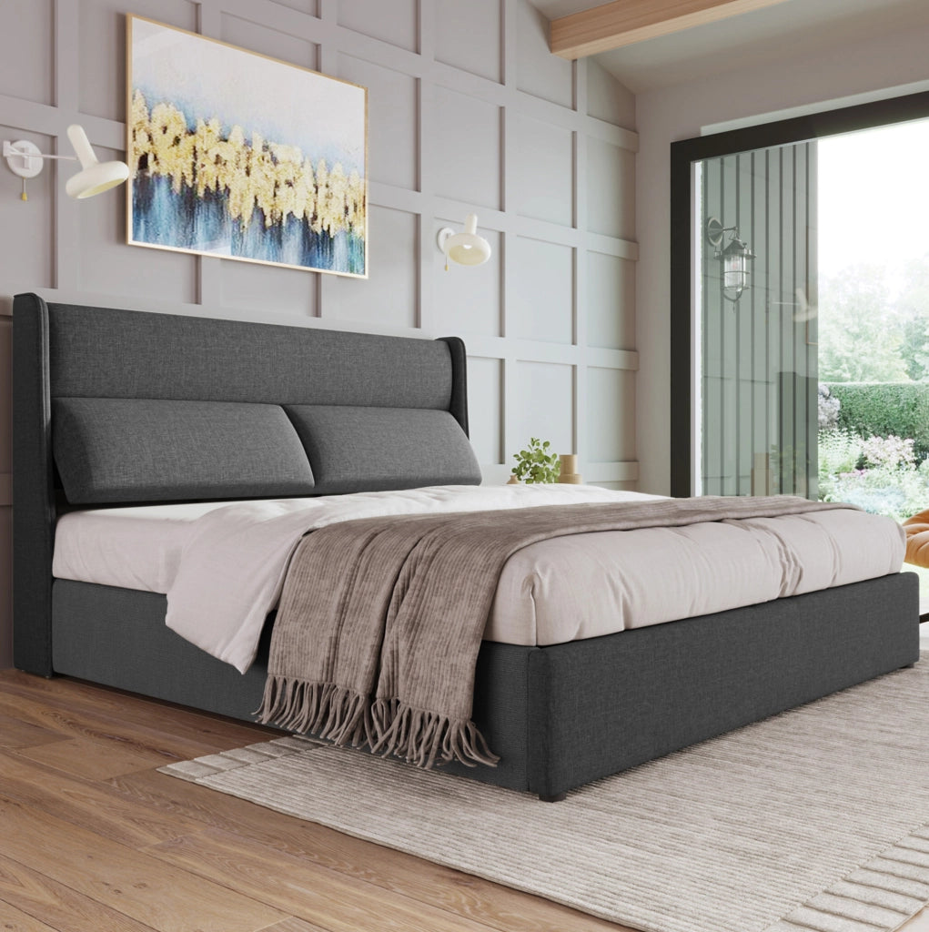 Letto matrimoniale 165x217x113 cm con testiera regolabile e contenitore in lino e metallo grigio