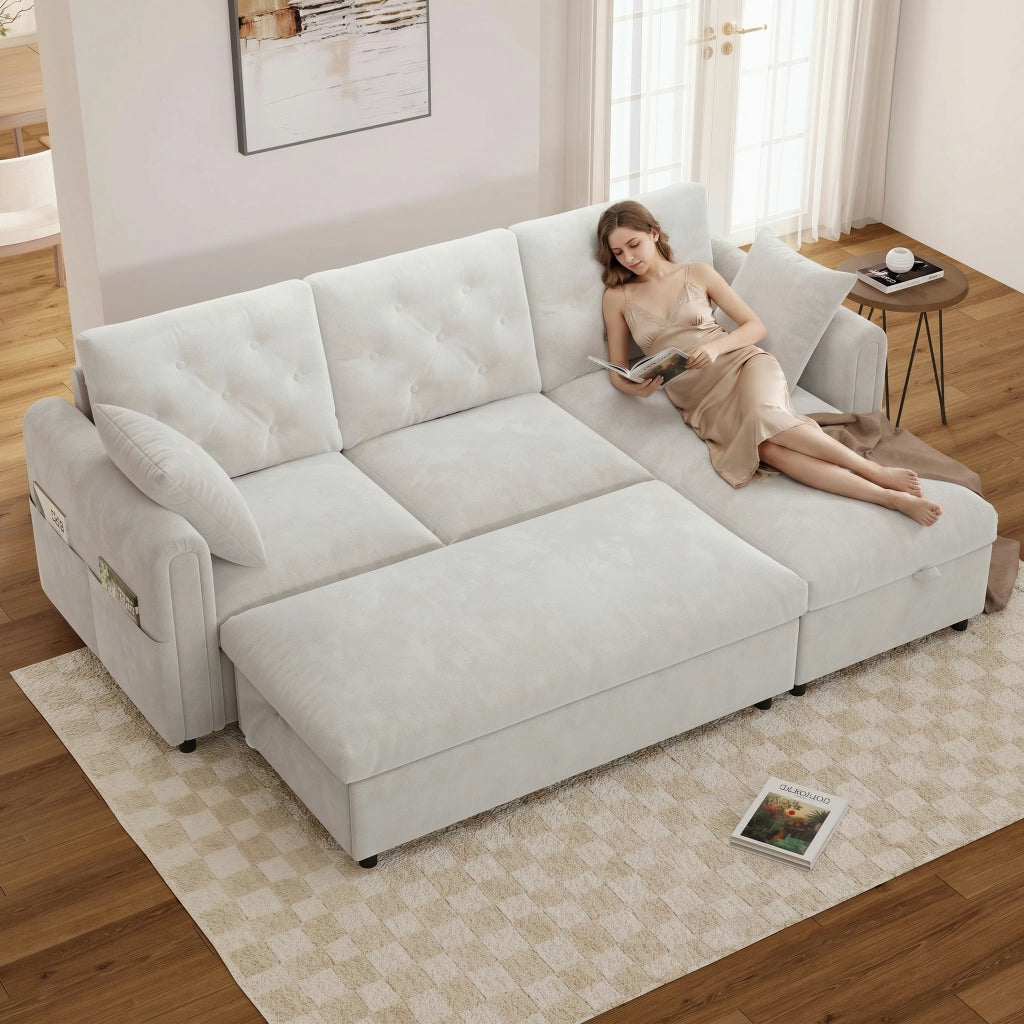 Divano angolare convertibile con chaise longue reversibile e pouf contenitore in velluto beige 219 × 131 × 86 cm