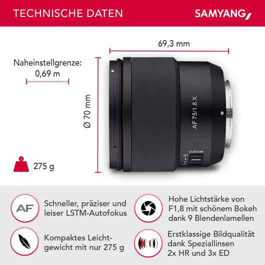 AF Obiettivo per ritratti 75 mm, adatto a fotocamere Fujifilm X, intensità luminosa F1,8, Custom Switch, per fotografia ritrattistica