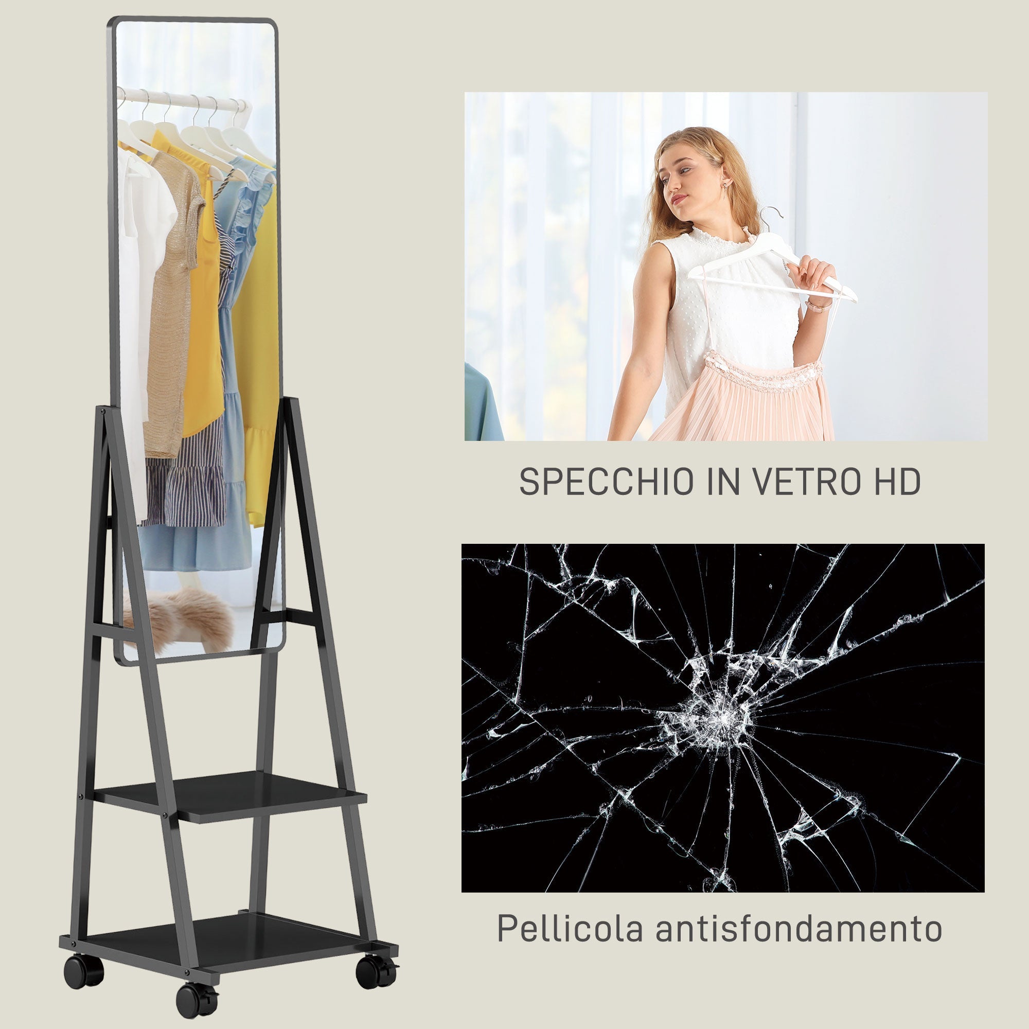Specchio da Terra Autoportante con Ruote 42x37x155 cm in Acciaio e Legno Nero