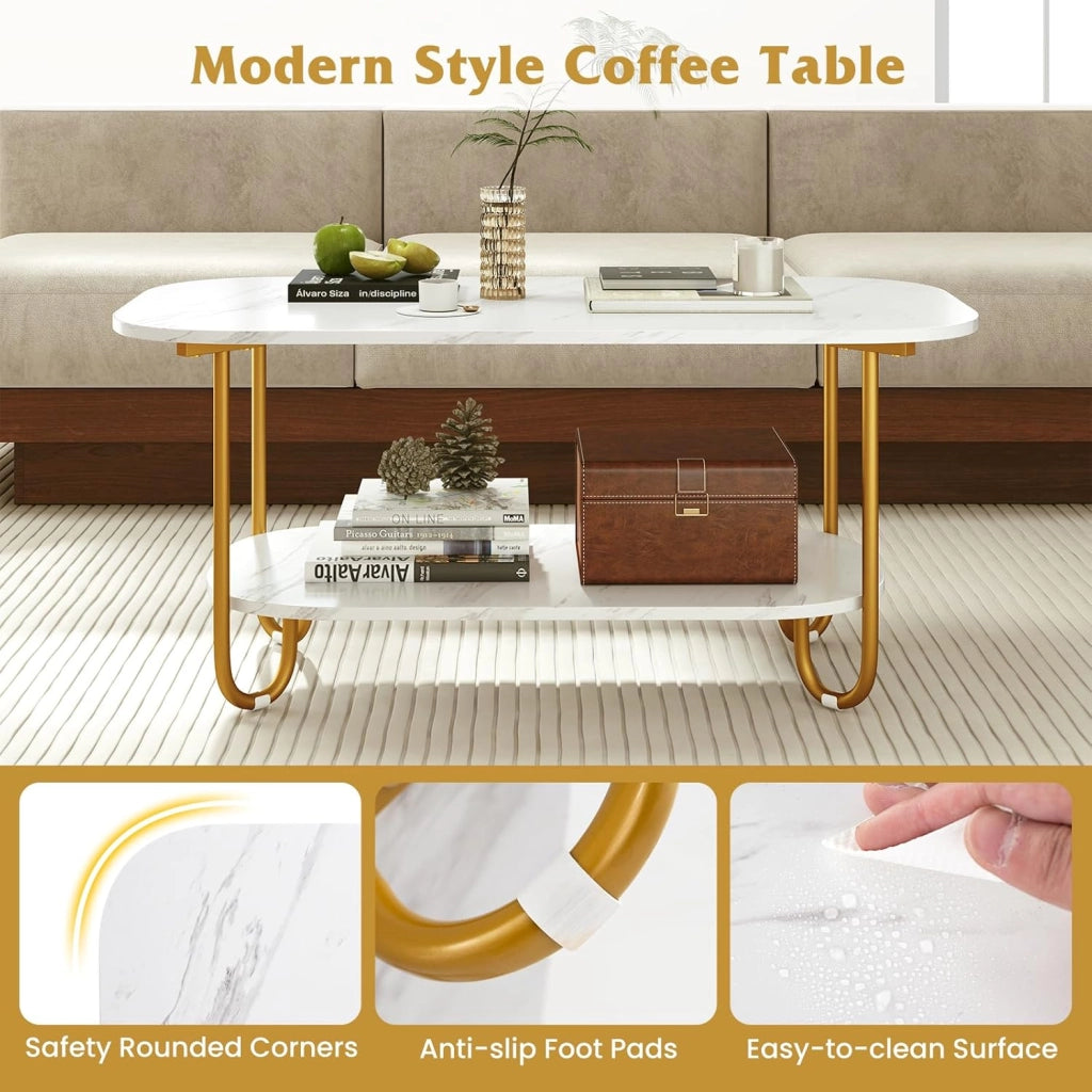 Tavolino da salotto dorato a 2 livelli, tavolino da caffè in marmo finto con angoli arrotondati, gambe antiscivolo, design rettangolare, per soggiorno, ufficio, appartamento, 100 x 50 x 45 cm