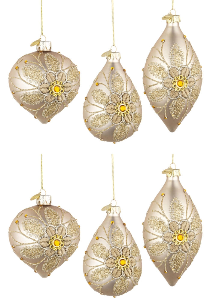 Pendagli Palline di Natale in Vetro Champagne Fiore Oro Addobbi Albero Elegante