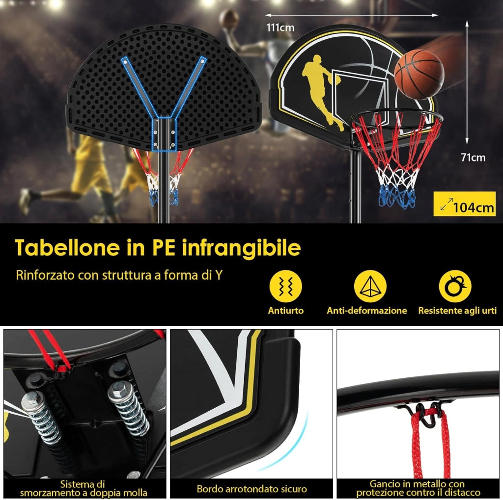 Canestro da Basket Portatile e Regolabile 130-305 cm con Ruote e Base Riempibile, Canestro da Basket Resistente alle Intemperie da Esterno ed Interno per Ragazzi e Adulti