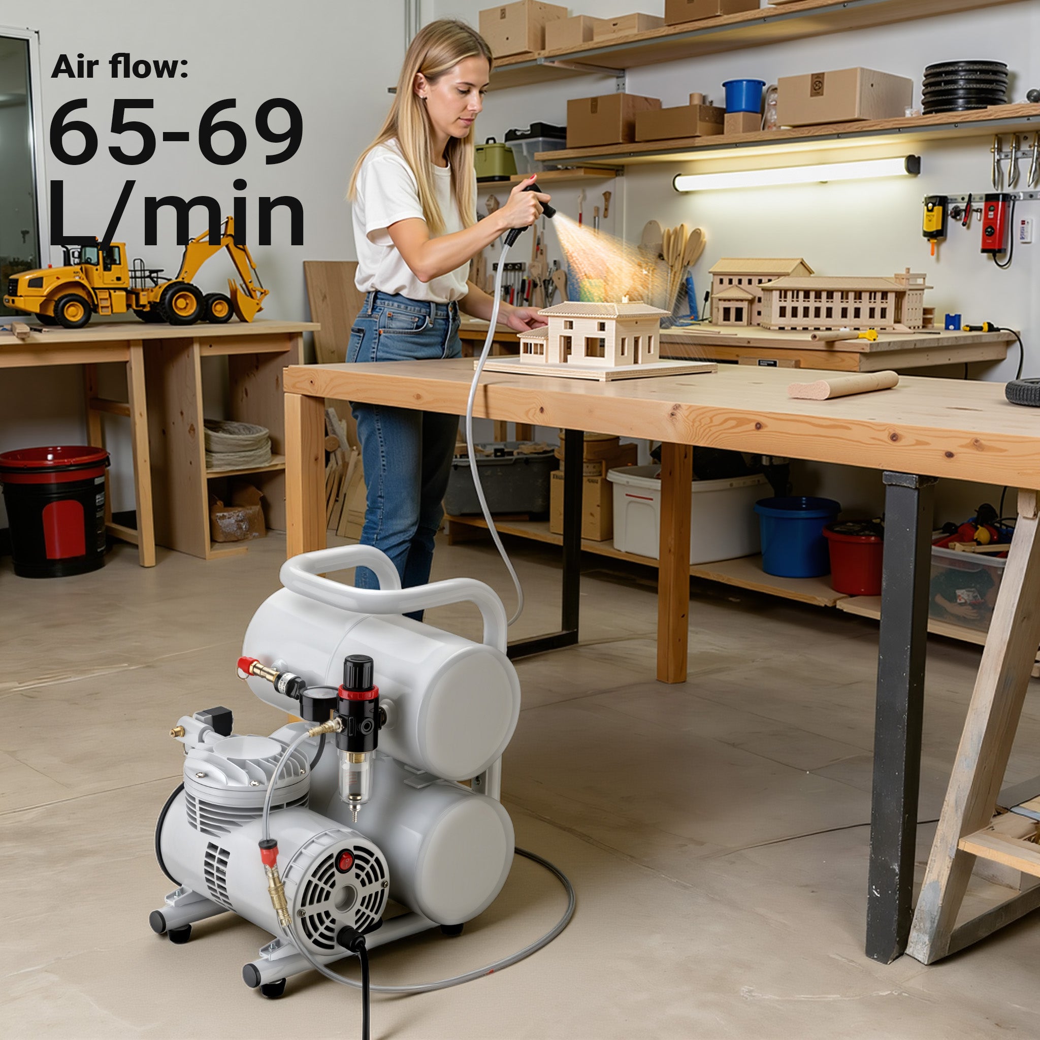 Compressore aerografo AS06T 1/4 CV con accessori, compressore per pistola aerografo con elevata portata d'aria 65-69 l/min, potente dispositivo ad aria compressa 3,2 bar, per aerografia