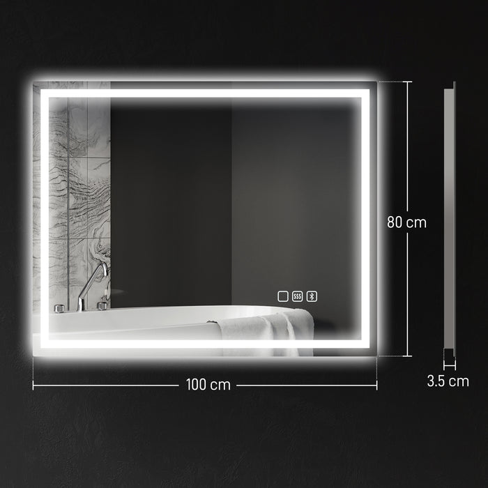 Specchio Bagno da Parete LED Antiappannamento 80x100 cm Speaker Bluetooth e Pulsanti Touch in Vetro Temperato