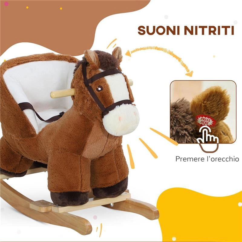 CAVALLO A DONDOLO PER BAMBINI 18-36 MESI CON SUONI BASE IN LEGNO E CINTURA DI SICUREZZA 68X33X45 CM MARRONE