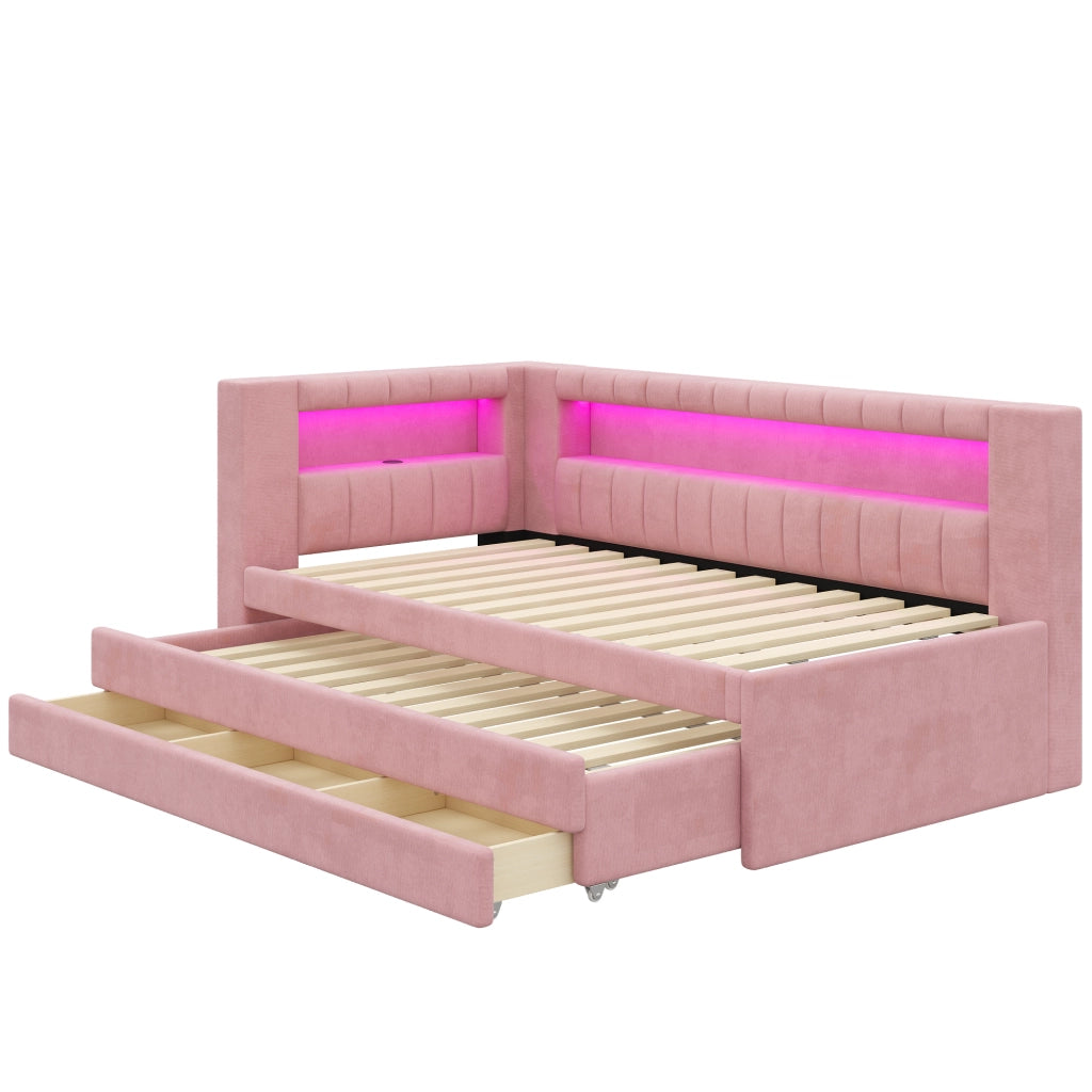 Letto imbottito rosa 90x200 con LED a 7 colori; USB e letto estraibile