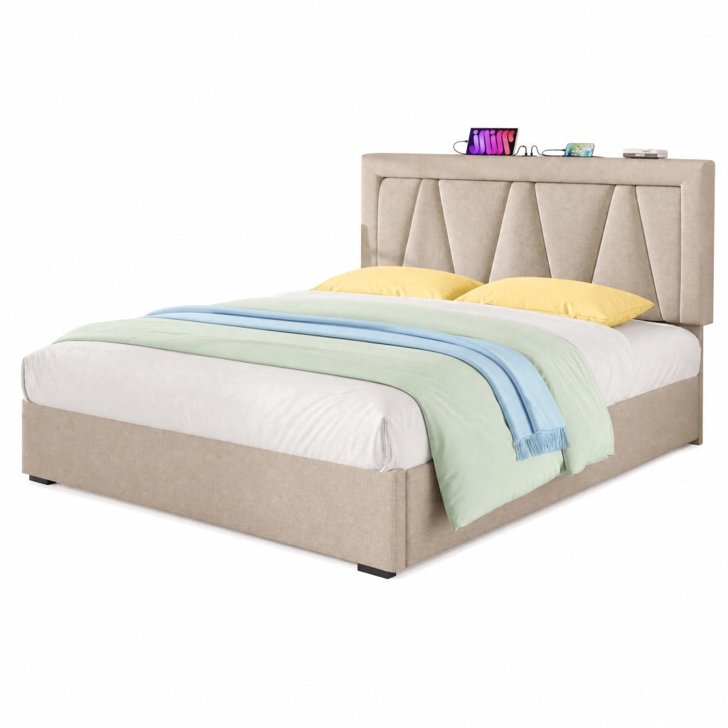 Letto matrimoniale 160x200 cm in lino beige con LED; USB e porta Type-C; contenitore