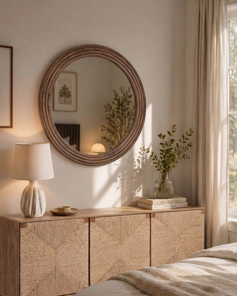 Specchio da Parete Rotondo Marrone con Cornice in Legno di Paulownia Stile Rustico
