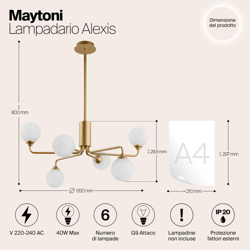 Lampadario A Sospensione Moderno Alexis 6 Luci G9 40W Metallo Oro Ip20