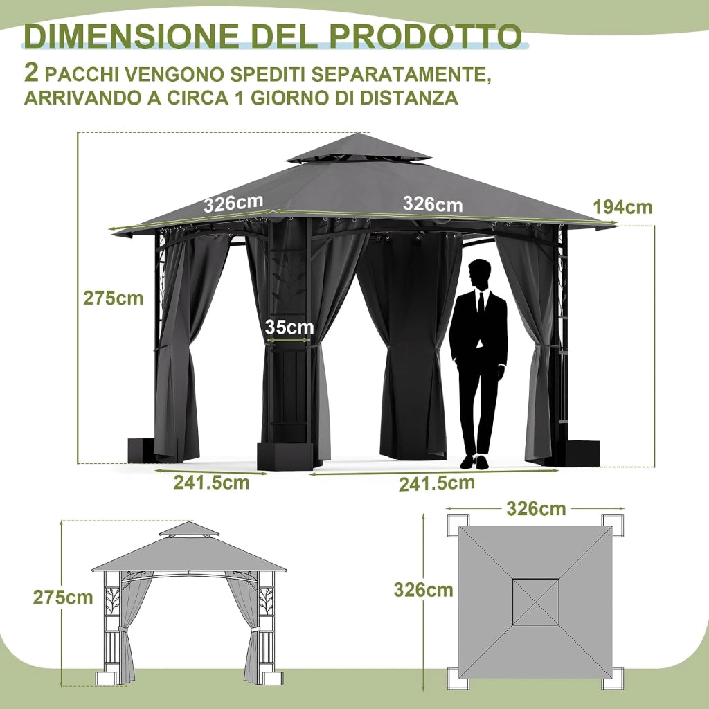 Gazebo Esterno Resistente 3.3x3.3 m con 4 Vasi per Fiori - Gazebo da Giardino in a Doppio Tetto Aerato, Struttura Fogliata, Tende Rimuovibili, Protezione UV & Impermeabile per Esterno