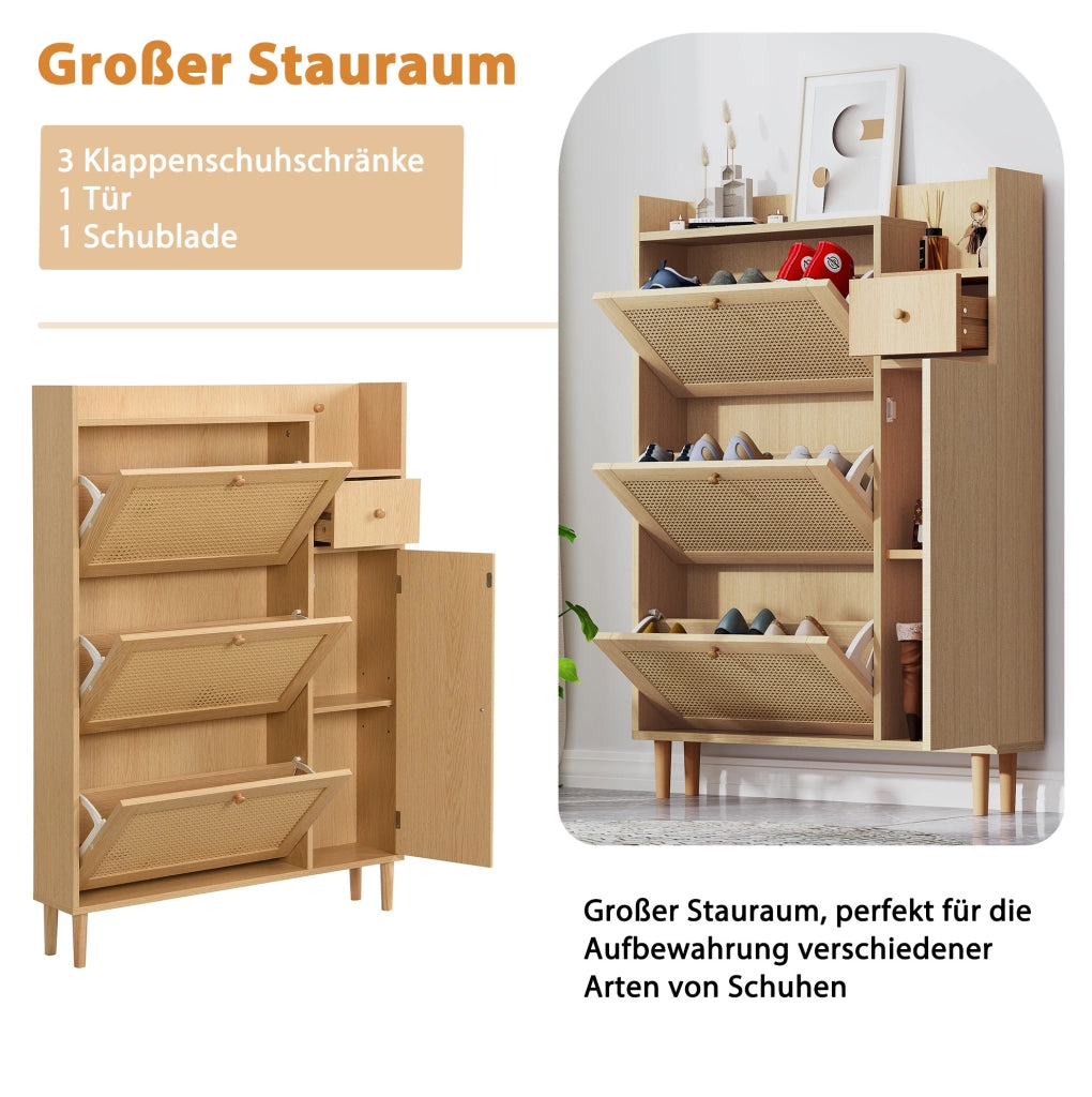 Scarpiera slim con ante a ribalta, MDF, naturale e bianco