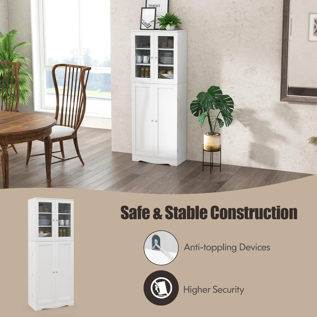 Credenza da Cucina con Anta Multi-Stoccaggio, Mobile Cucina Dispensa con Dispositivo Antiribaltamento, Armadio di Stoccaggio, 60 x 31,5 x 161,5 cm, per Soggiorno, Sala da Pranzo (Bianco)