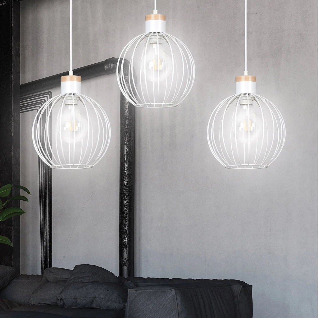 Lampadario 3 Luci Morgana Paralumi A Gabbia In Acciaio Bianco E Legno Naturale