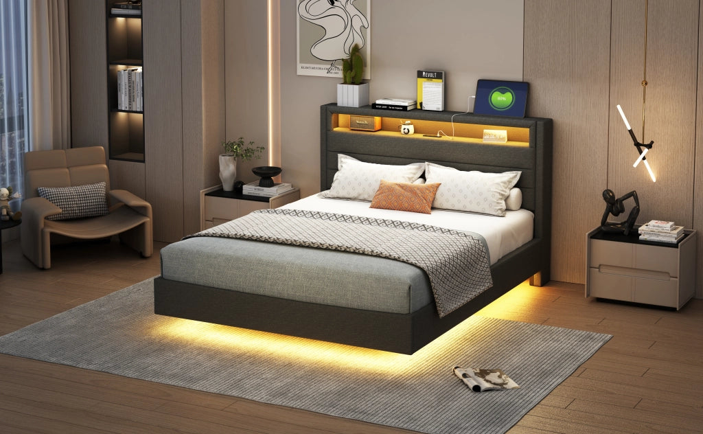 Letto matrimoniale – 140x200 cm – USB LED testiera reversibile – lino grigio