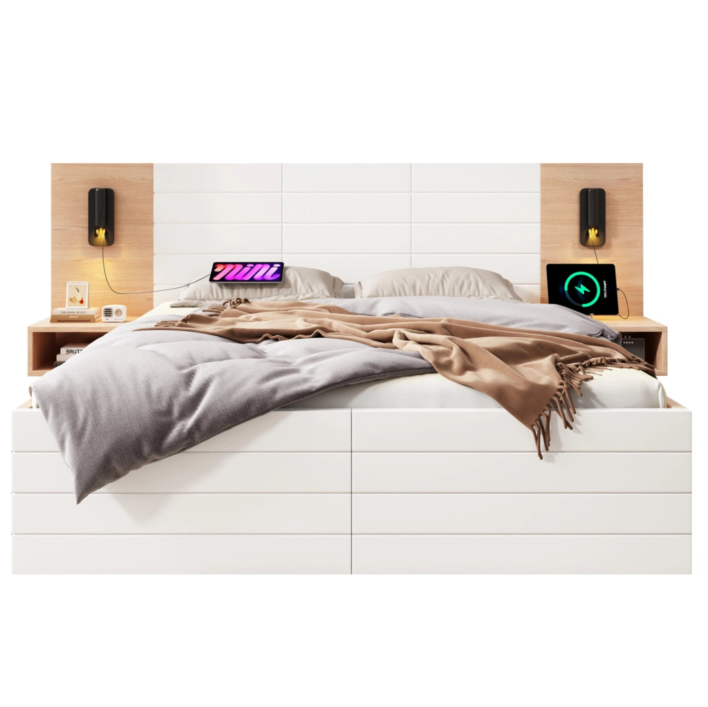 Letto matrimoniale 180x200 cm con USB; luce da lettura e 2 cassetti; legno massello e MDF; bianco rovere