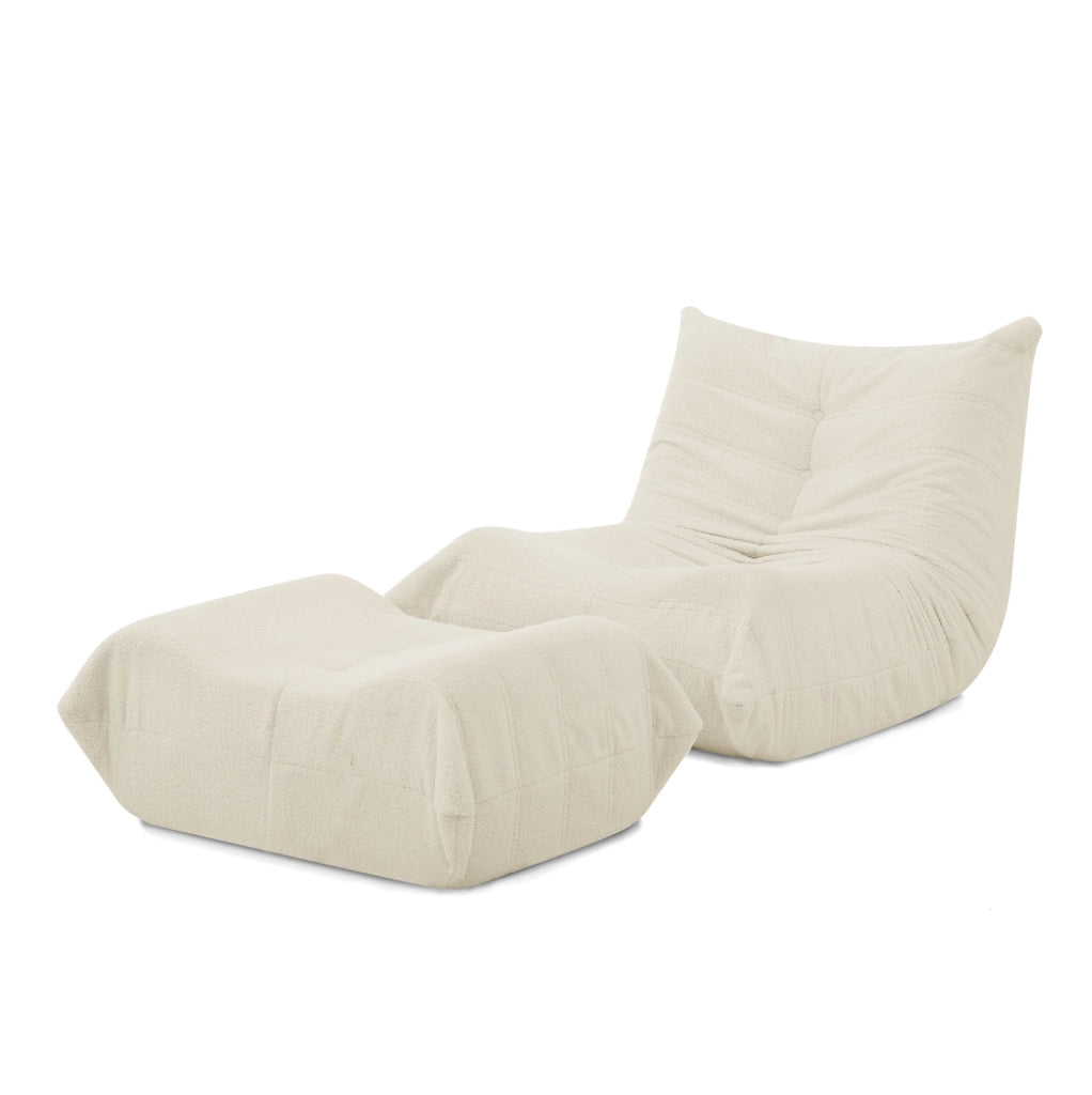 Poltrona da pavimento in teddy beige con poggiapiedi