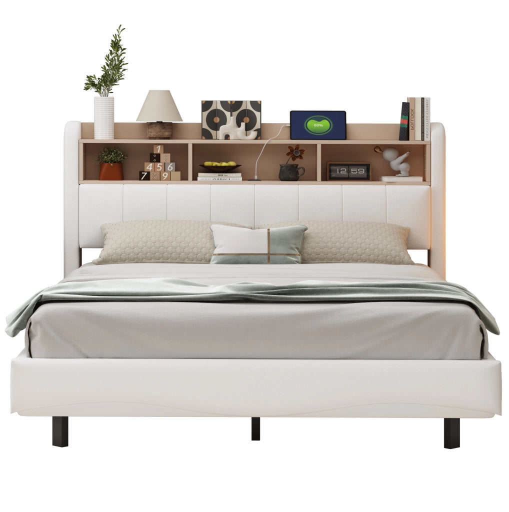 Letto imbottito sospeso 160x200 cm beige con LED, USB-C e vano testiera