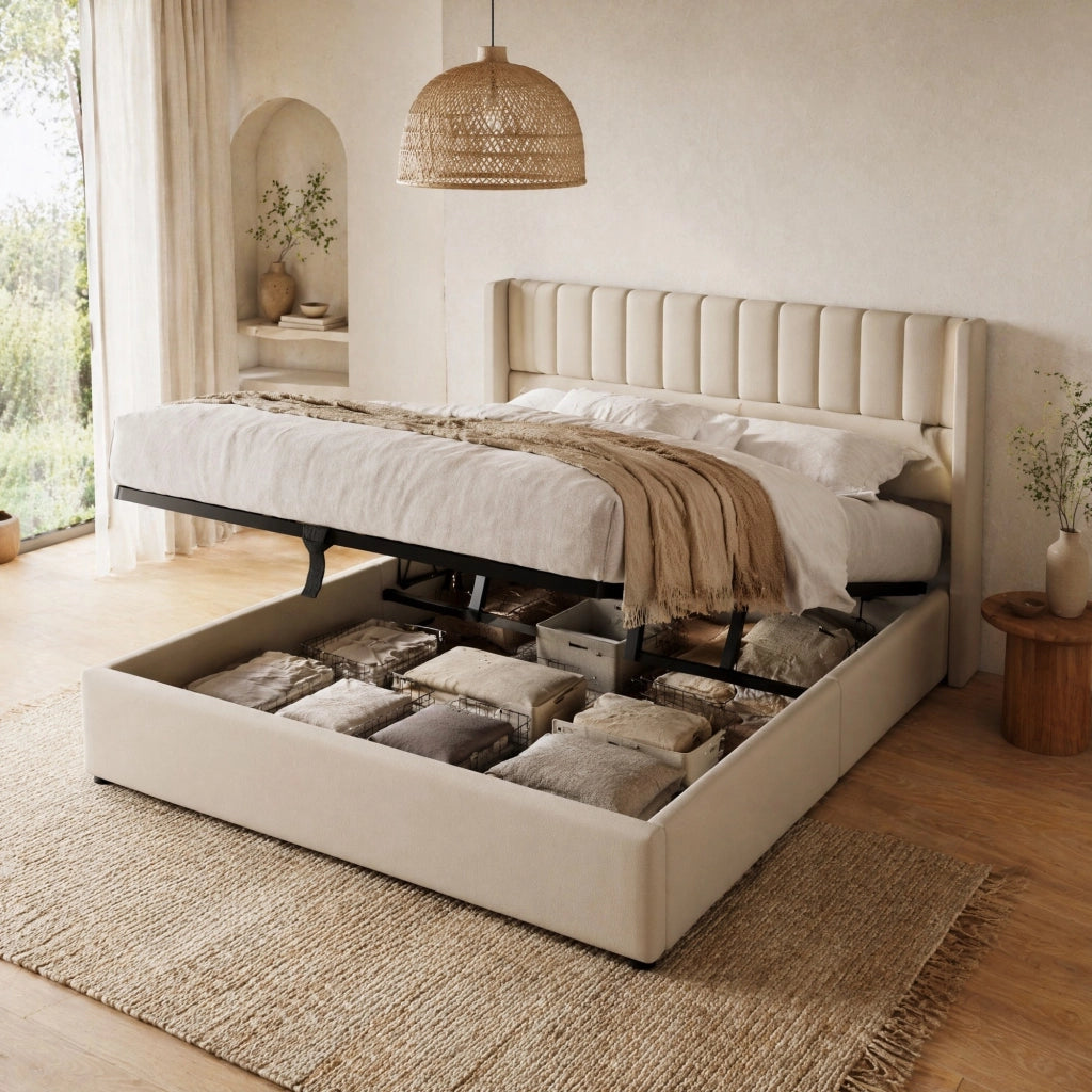 Letto contenitore imbottito idraulico 140x200 cm beige