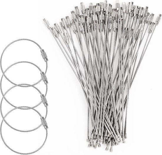Set di 50 chiavi in asta di acciaio inossidabile 15 cm - Con chiusura a vite per etichette bagagli pendenti - Color argento - Medio