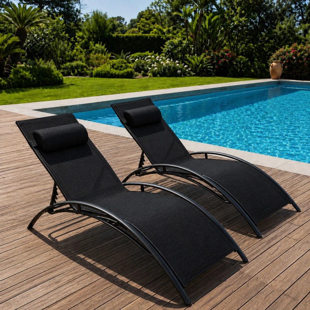 Set 2 Lettini Prendisole Reclinabili Per Giardino Con Schienale Regolabile 5 Posizioni Tessuto Traspirante Per Piscina Terrazza Outdoor 59 x 158 x 81.5 Cm Nero