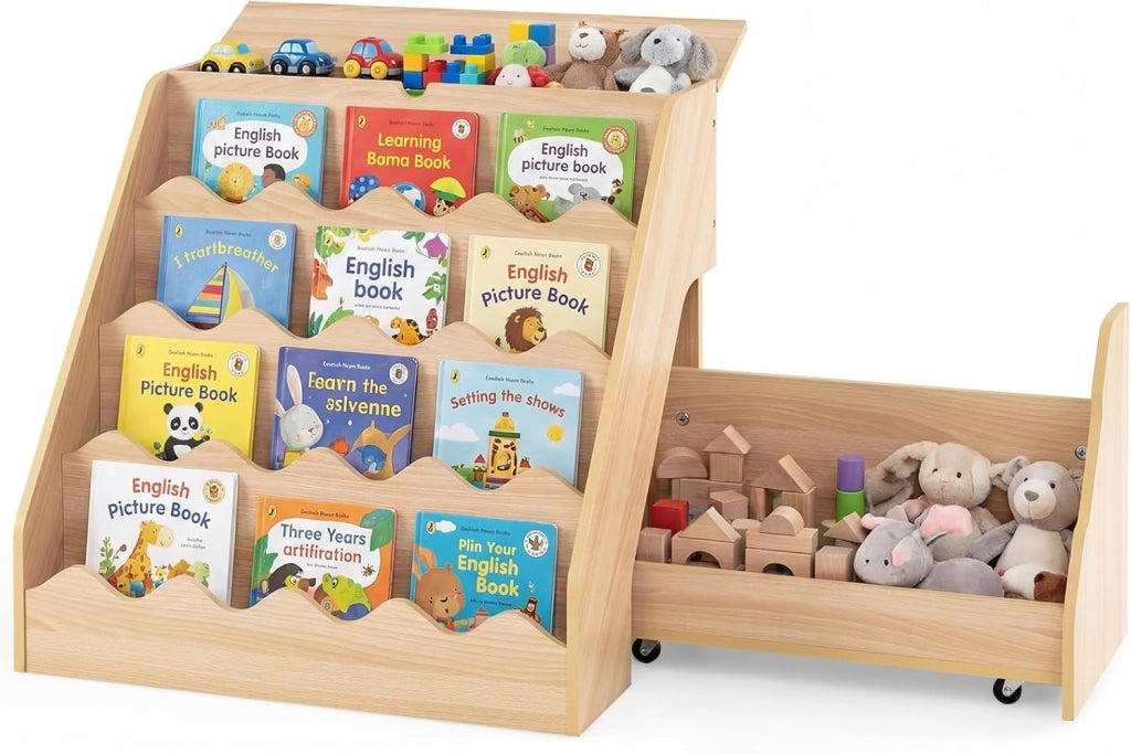 Libreria Montessoriana per Bambini 2in1, Scaffale per Libri a 4 Livelli con Carrello Portagiochi, Vano con Coperchio Ribaltabile, per Cameretta e Stanza dei Giochi, 63x49x61,5 cm (Bianco)