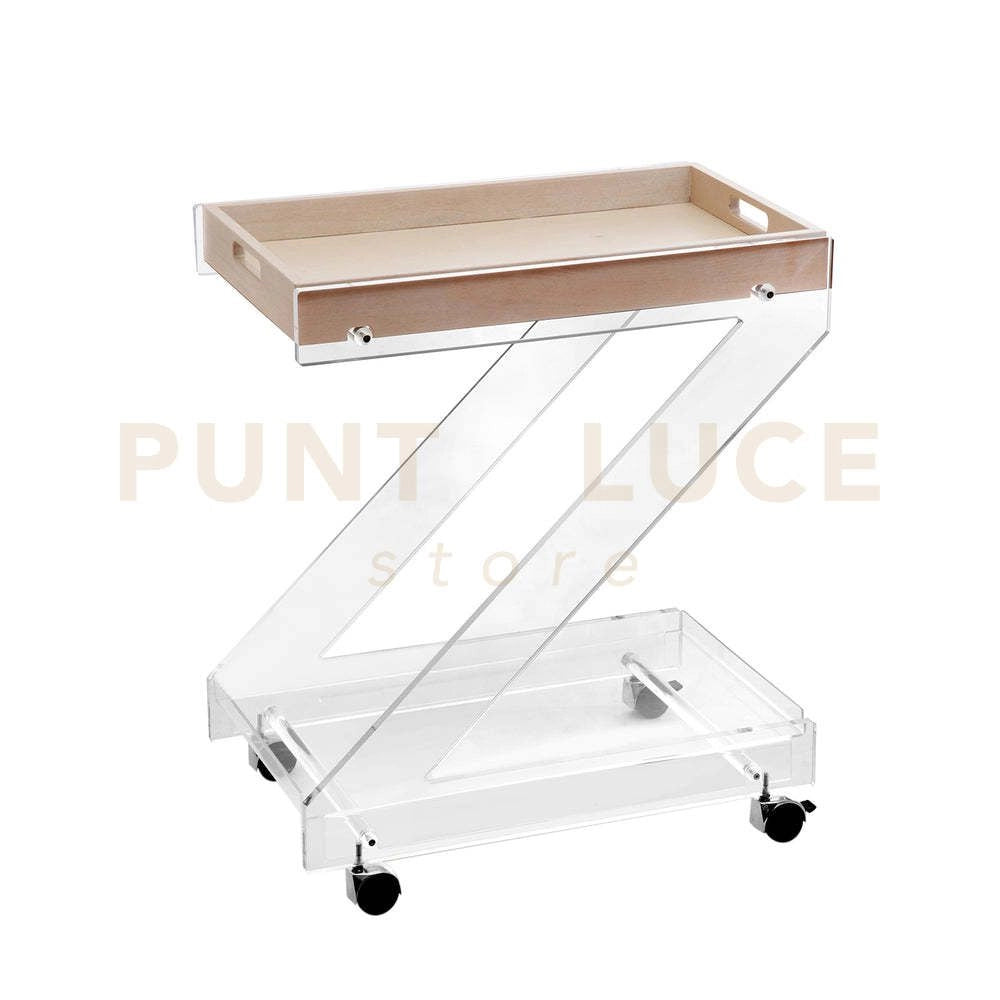 CARRELLO  ZETA IN CRISTALLO ACRILICO TRASPARENTE E LEGNO NATURALE