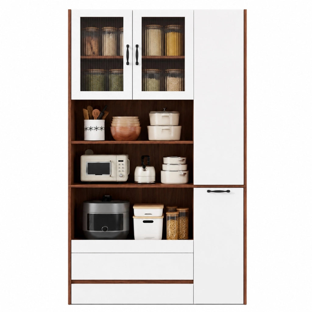 Credenza alta 100x40x200 cm con ripiano estraibile e cassetti in MDF bianco e noce