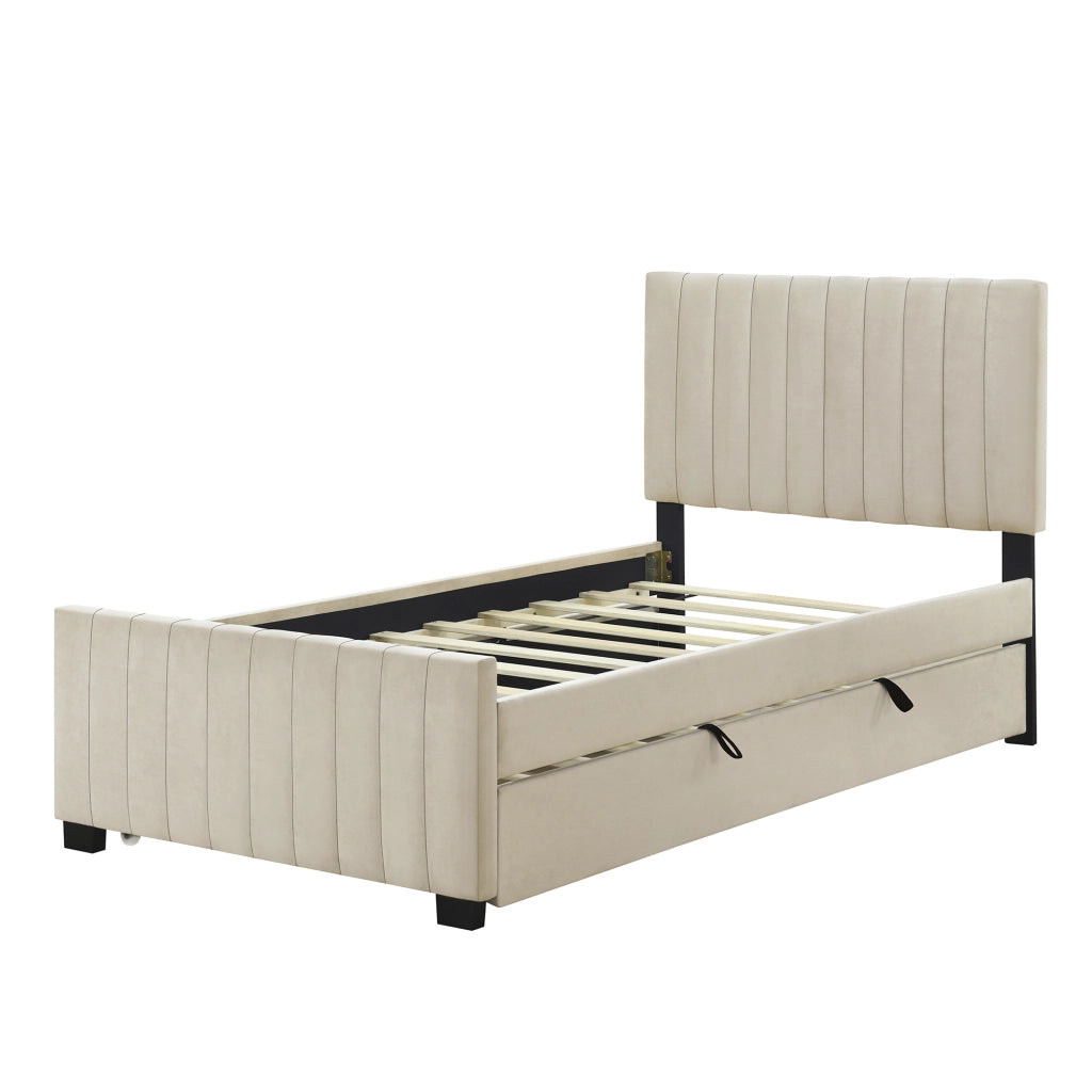 OKWISH Letto Estraibile 90×190 cm, Letto Singolo con Testiera Imbottita, Senza Materasso, in Velluto, Beige