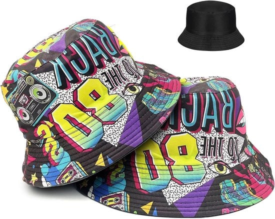 Casacca a cappello 2 in 1 per estivi, Cappello da donna e uomo con stampa retro anni '80, Reversibile cappello da sole con tema pesca