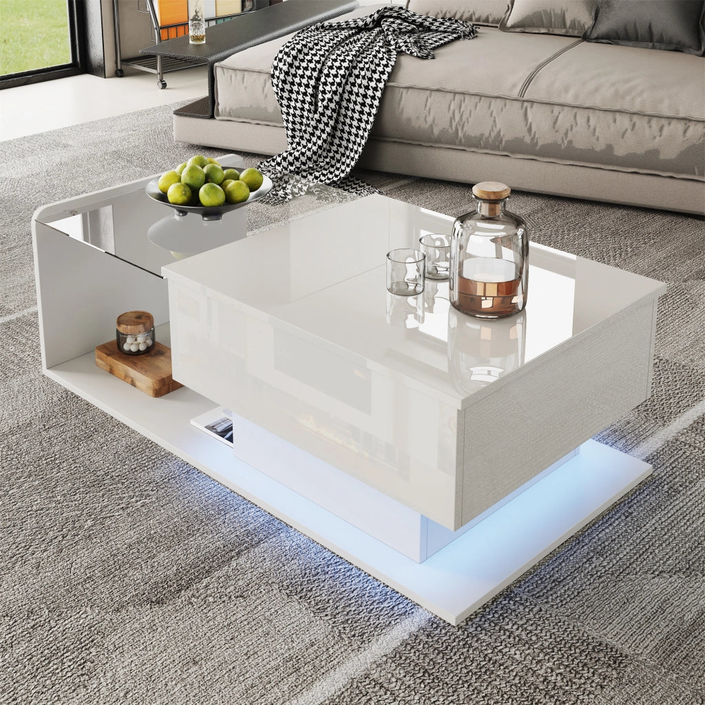 OKWISH Tavolino da Salotto Alzabile con Piano in Vetro Temperato, Vano Aperto e Chiuso, LED, per Soggiorno, 100 x 50 x 47.5 cm