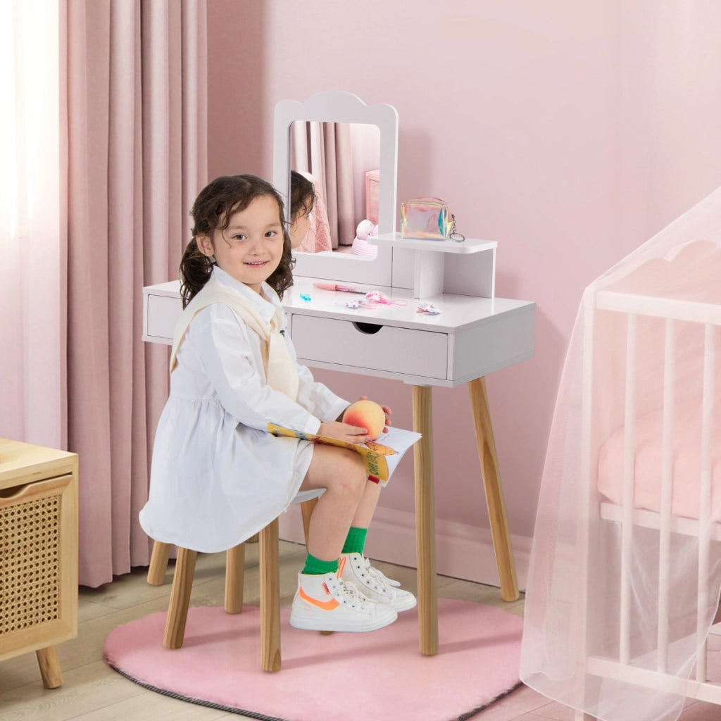Postazione trucco per bambina 2 in 1-Toeletta e sgabello in legno con specchio rettangolare 2 cassetti Bianco