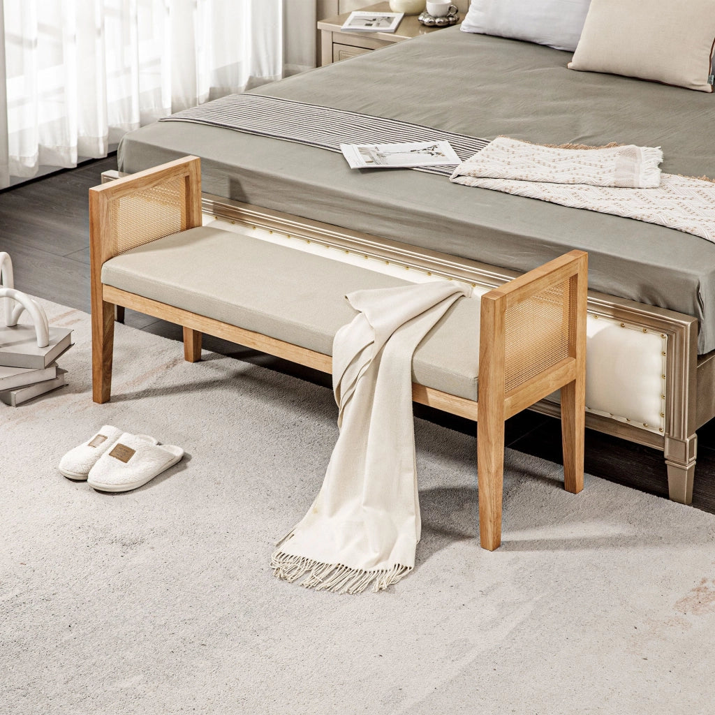 Panca Fondoletto Stile Boho 120x38x61,5 cm Seduta Effetto Lino Braccioli in Rattan Crema