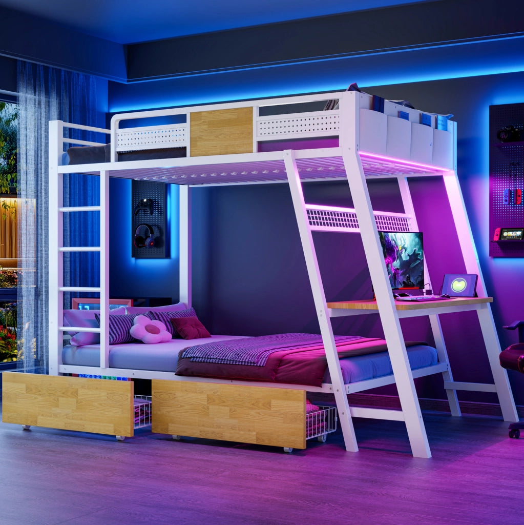 Letto a castello in metallo 90x200 cm con scrivania, LED e prese