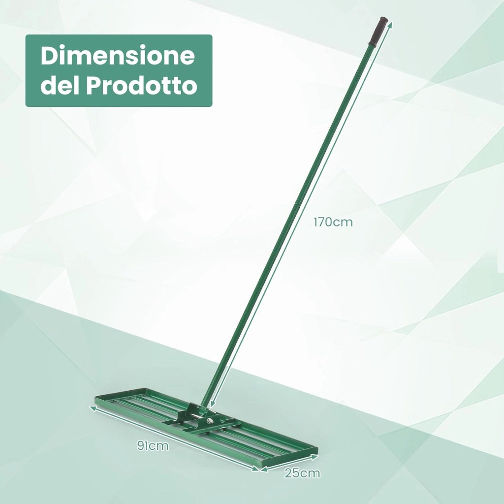 Rastrello Livellatore per Prato, Attrezzo per la Livellatura del Prato con Manico Ergonomico, Livellatrice per Giardino, Cortile, Campo da Golf, Fattoria e Pascolo (Verde 91 x 25 cm)