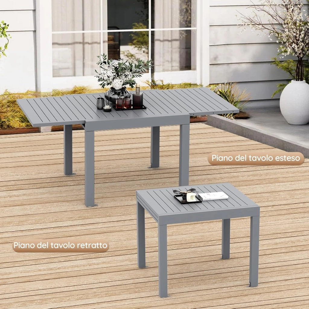 Tavolo da giardino, estensibile, 80/160 x 80 x 75 cm, tavolino allungabile in alluminio, per balcone, resistente alle intemperie, estensibile, tavolo da pranzo all'aperto, grigio Chiaro