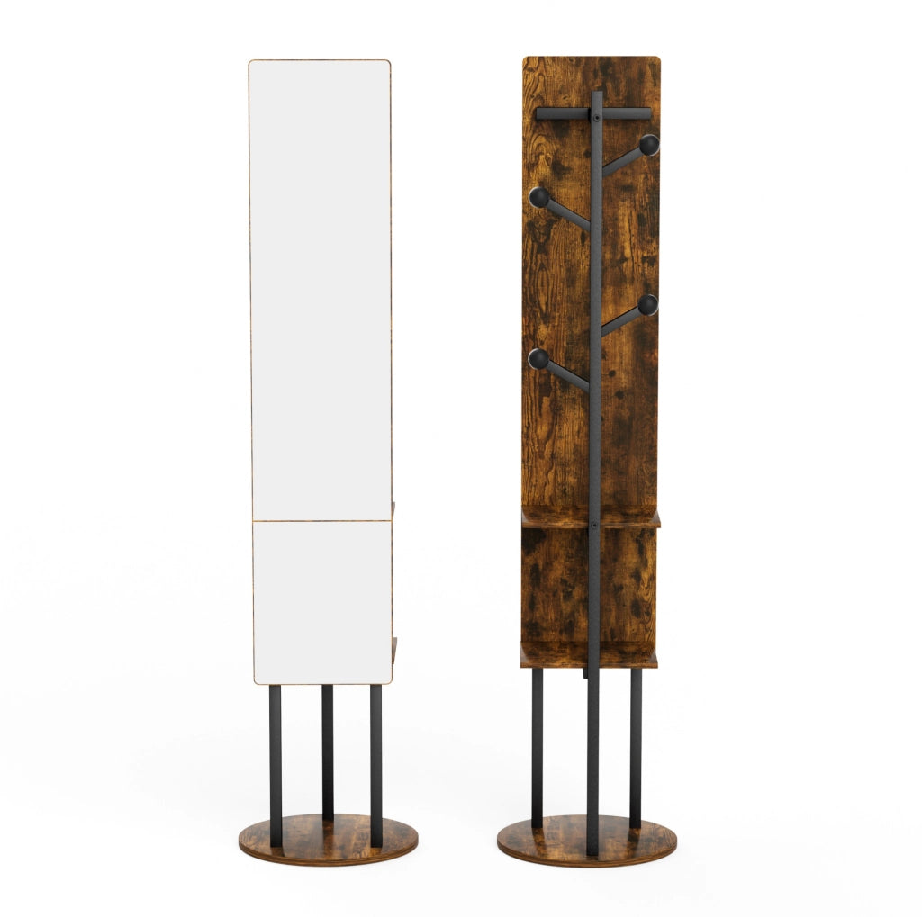 Specchio a figura intera 109.5x45.0x11.5 cm girevole a 360° con appendiabiti in truciolare e acciaio nero e marrone