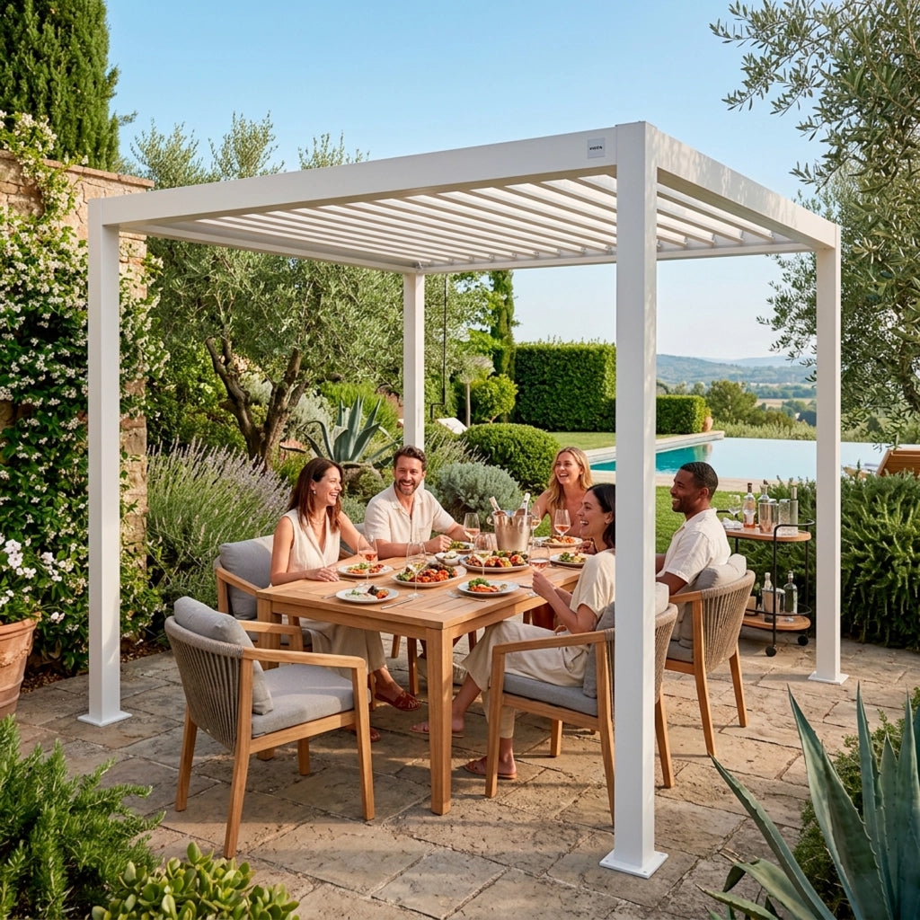 Pergola Bioclimatica 3x4 Metri Gazebo Con Tetto A Lamelle Orientabili Sistema Di Drenaggio Struttura In Acciaio E Alluminio Resistente Ai Raggi UV Per Giardino Terrazza E Piscina Bianco Opaco