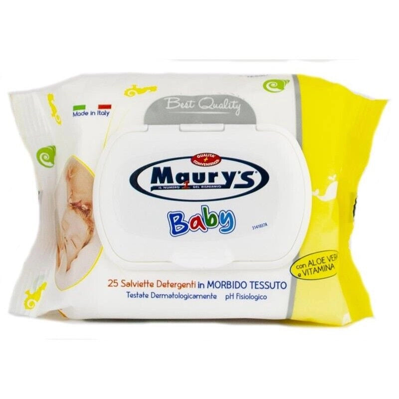 MAURY'S SALVIETTE DETERGENTI UMIDIFICATE PER BAMBINI BABY 25PZ ALOE VERA VITAMINA E BEST QUALITY