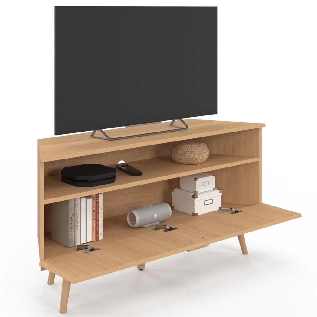 IDMarket - Mobile TV angolare JULIETTE 110 cm con 1 anta a doghe effetto rovere